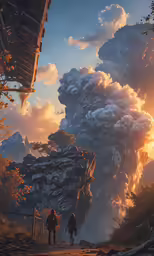 two people walking towards a tall mountain while the sun sets