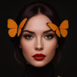 an image of a woman with orange butterflies on her head
