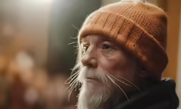 a bald man wearing a beanie looks towards the right