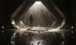 a man standing on top of a floor in a dimly lit room