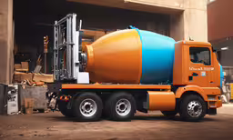 a concrete truck parked next to some buildings,a big bright colored truck parked in a parking lot