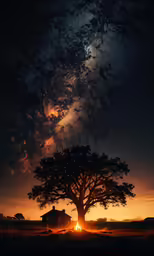 a tree with stars and a shed underneath it