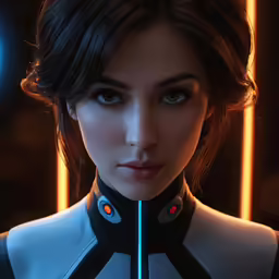 a woman dressed as a futuristic suit, staring into the camera