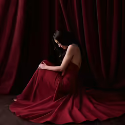 a woman sitting on the ground in a red dress