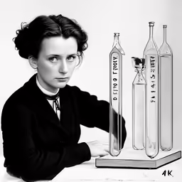 black and white photo of woman next to a set of bottles with labels