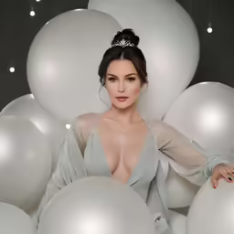 the woman is surrounded by white balloons