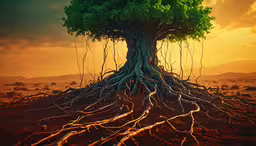 a tree with its roots spread and the sun in the background,the base of a tree is covered with its root
