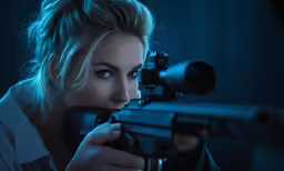 a woman is holding a rifle with her hands
