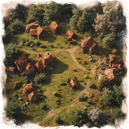 an aerial view of a small village and grassy field