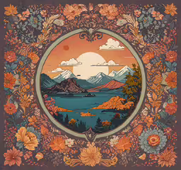 this is an image of an art nouveau print,a picture of some mountains and water