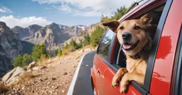the dog is hanging out of the car window