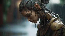a girl in costume crying in the rain,a woman with chains is staring at something