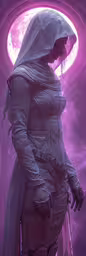 a girl dressed in a white outfit with her eyes closed and the light shining through her,the woman is standing in front of a purple background