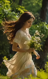 young woman holding flowers while walking through the forest