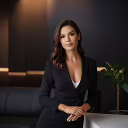a woman in black suit leaning on a table