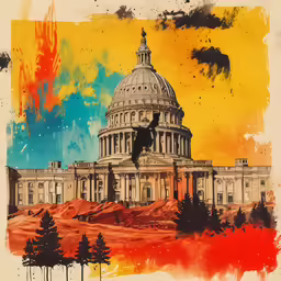 an artistic picture of a capitol building with orange, yellow, and blue colors