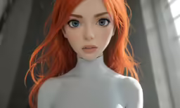 a red haired girl with bright blue eyes and long orange hair