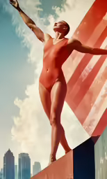 a woman in a swimsuit stands on top of a wall
