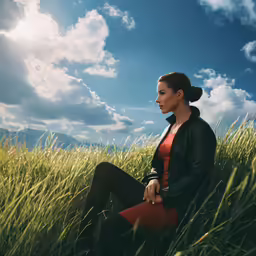 a woman wearing red sitting in tall grass