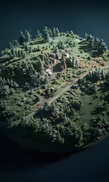 an island with many trees and some buildings