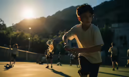 a young boy is running down a tennis court as the sun sets