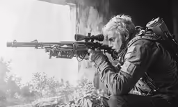 a person kneeling down while holding onto an akm rifle