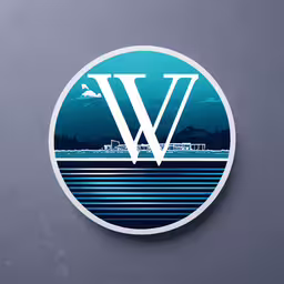 a blue logo with a white v and the word,blue and white wall sticker featuring the w in the middle