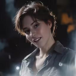a woman wearing a gray shirt with smoke blowing around her