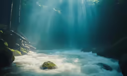 a river with sun shining through the clouds in a forest