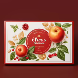 an envelope with apples, nuts, and leaves on it