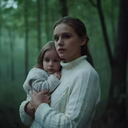 a mother and her child in the forest