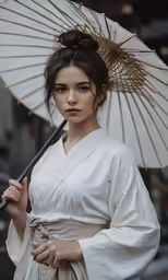 a young woman dressed in a geisha kimono is holding an umbrella