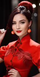the girl in the red dress is posing with red flowers on her hair
