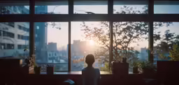 a person is looking out the window at the sun