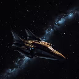 a futuristic, military jet flies through the night sky