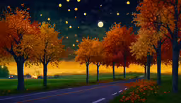 the fall colors look stunning as the street passes under some falling lights,a night sky with a full moon and stars is shown