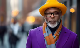 a black man wearing a suit and a bright orange hat
