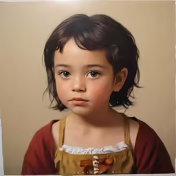 a young girl wearing a brown dress looking forward