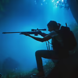 a young man holding a rifle and aiming it