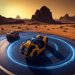 two cars riding on a track in the middle of an area