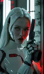 female body art in futuristic style holding a gun