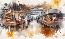 a group of people working in an industrial kitchen