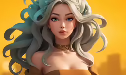 the doll in her dress is standing in front of a yellow background