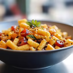 a bowl of cooked pasta, tomatoes, and black olives