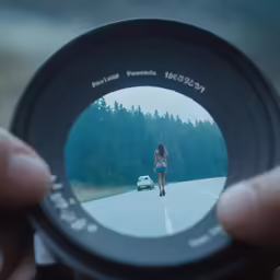 woman on a bike with car looking through a camera lens