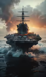 a battleship is floating on some waves in the ocean