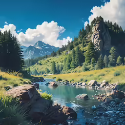 an artistic image of a mountain stream with rocks and grass