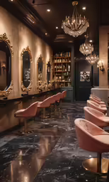 a room with lots of chairs, lights and mirrors