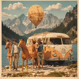 three men on horses in front of an old vw van