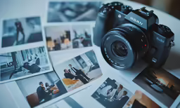 a camera sitting on top of photos of people